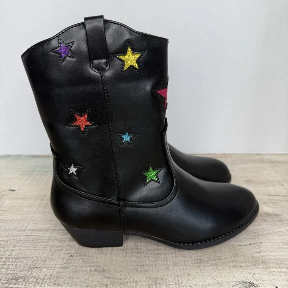 Kids Black‎ Western Cowboy Boots with Multi Color Glitter Star Appliques Size 3